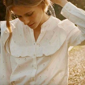 Doen 1st year White Eyelet Buttondown Blouse Top Shirt XS NWOT